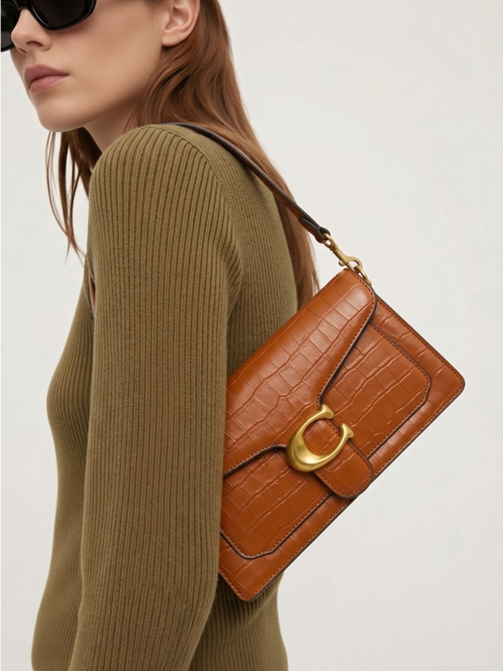 Coach Cognac Croc-Embossed Leather Shoulder Bag with Gold 'C' Clasp